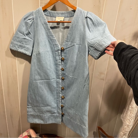 Cute Sezane Vennila denim chambray chunky tortoise button puff sleeve mini dress - Picture 10 of 11